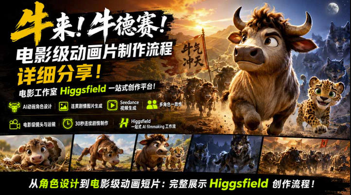 牛来!牛德赛!电影级动画片制作流程详细分享!电影工作室Higgsfield一站式创作平台,完整创作流程-皮皮网创