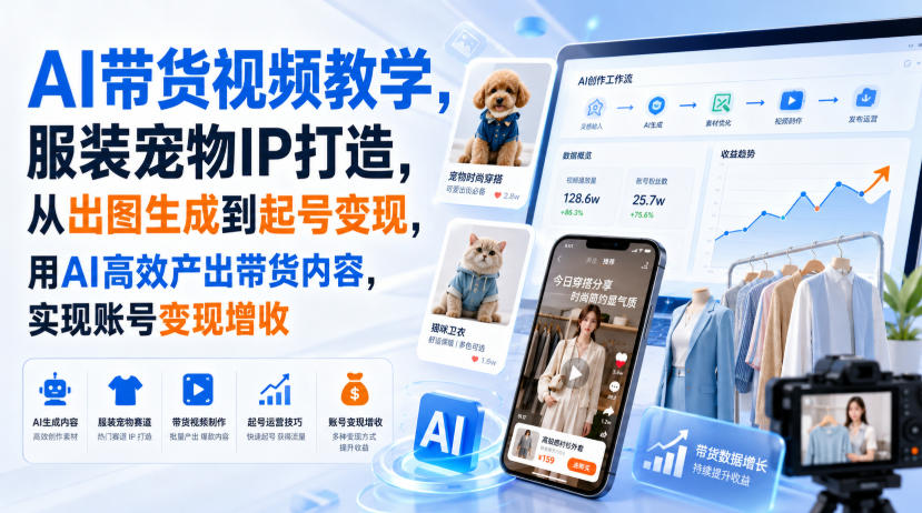 AI带货视频教学,服装宠物IP打造,从出图生成到起号变现,用AI高效产出带货内容,实现账号变现增收-皮皮网创