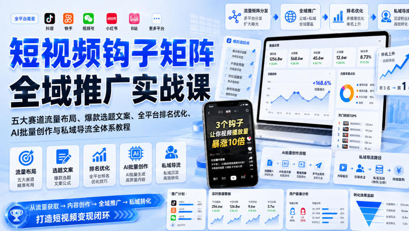短视频钩子矩阵全域推广实战课|五大赛道流量布局、爆款选题文案、全平台排名优化、AI批量创作与私域导流全体系教程-皮皮网创