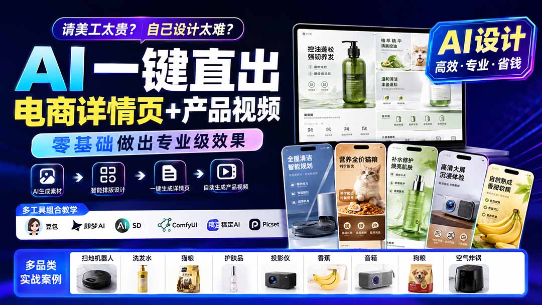 请美工太贵？自己设计太难？AI一键直出电商详情页+产品视频，零基础做出专业级效果 (更新0820-皮皮网创