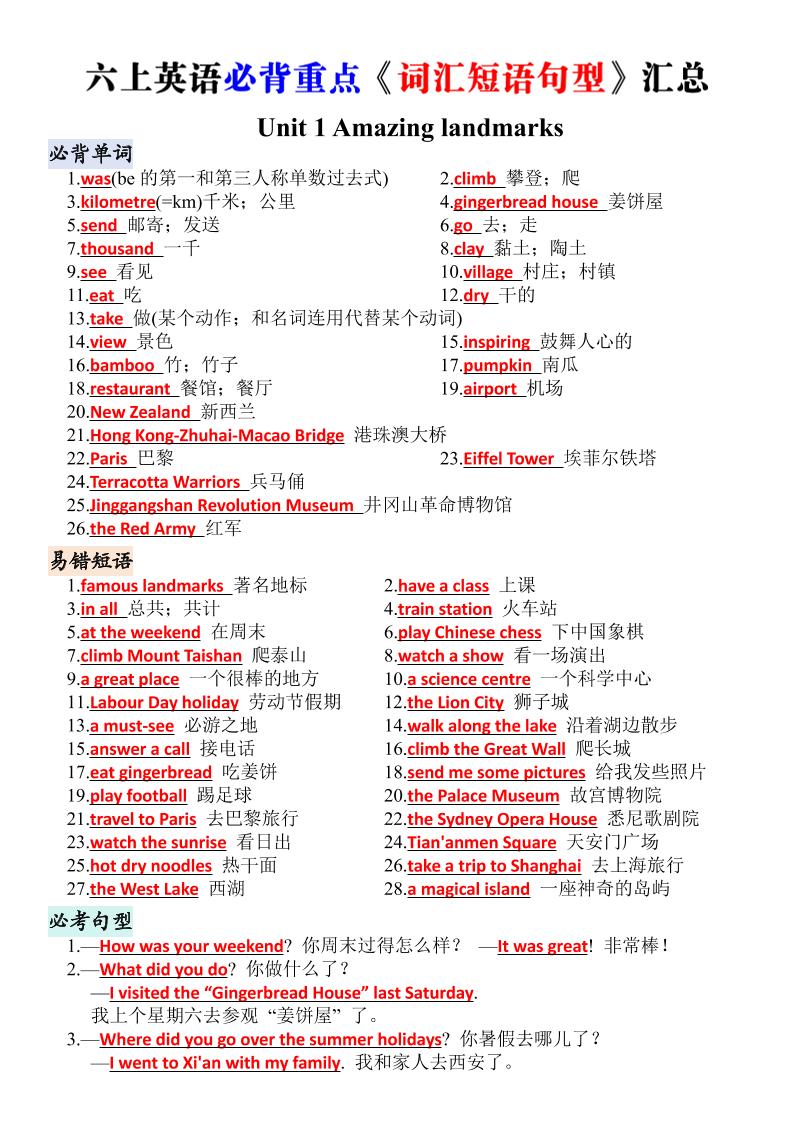 六上英语人教版核心词汇背默清单-皮皮网创