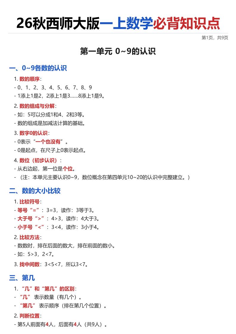 26秋西师大版一上数学·必背知识点（全册）-皮皮网创
