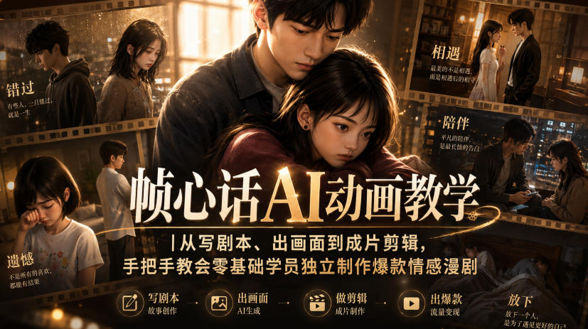 帧心话AI动画教学|从写剧本、出画面到成片剪辑,手把手教会零基础学员独立制作爆款情感漫剧-皮皮网创