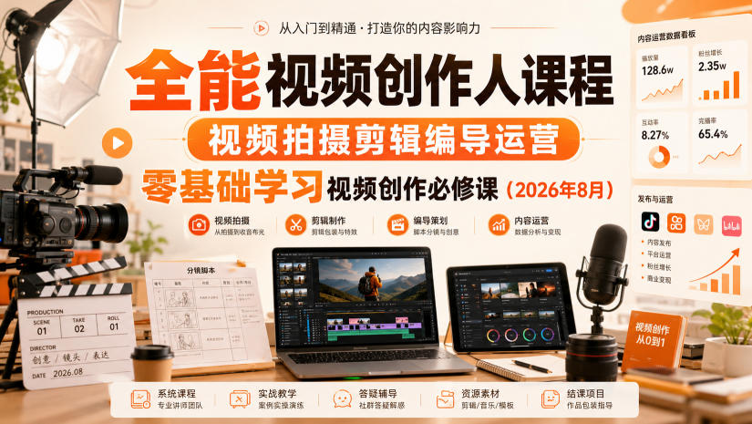 全能视频创作人课程,视频拍摄剪辑编导运营,零基础学习视频创作必修课(2026年8月)-皮皮网创