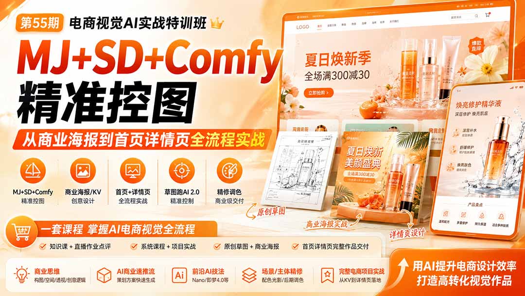 电商视觉 AI实战训练营第55期:MJ+SD+Comfy精准控图,从商业海报到首页详情页全流程实战-皮皮网创