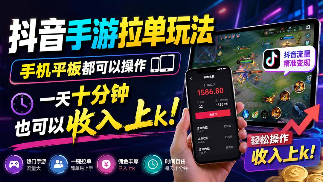 抖音手游拉单玩法，手机平板都可以操作，一天十分钟也可以收入上k！-皮皮网创