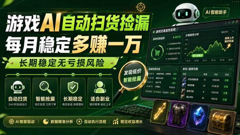 游戏AI自动扫货捡漏,每月稳定多賺1W,长期稳定无亏损风险!【揭秘】-皮皮网创