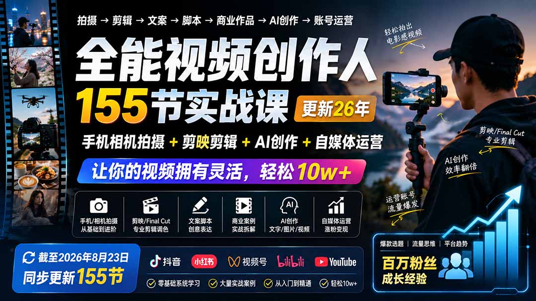 全能视频创作人155节实战课-更新26年8月:手机相机拍摄+剪映剪辑+AI创作+自媒体运营,让你的视频拥有灵活,轻松10w-皮皮网创