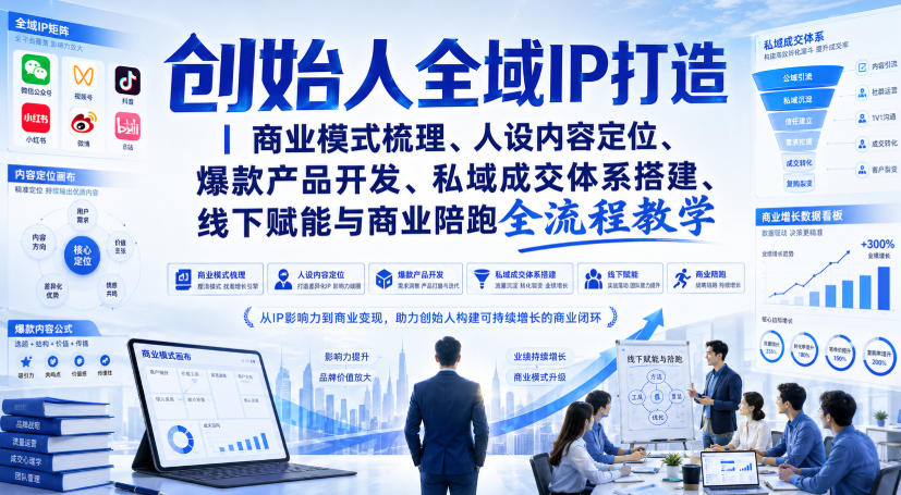 创始人全域IP打造|商业模式梳理、人设内容定位、爆款产品开发、私域成交体系搭建、线下赋能与商业陪跑全流程教学-皮皮网创