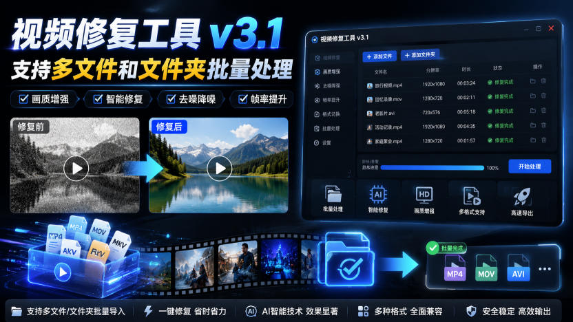 视频修复工具v3.1，支持多文件和文件夹批量处理-皮皮网创