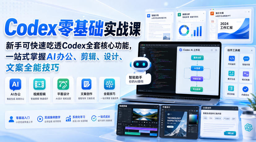 Codex零基础实战课，新手可快速吃透Codex全套核心功能，一站式掌握AI办公、剪辑、设计、文案全能技巧-皮皮网创