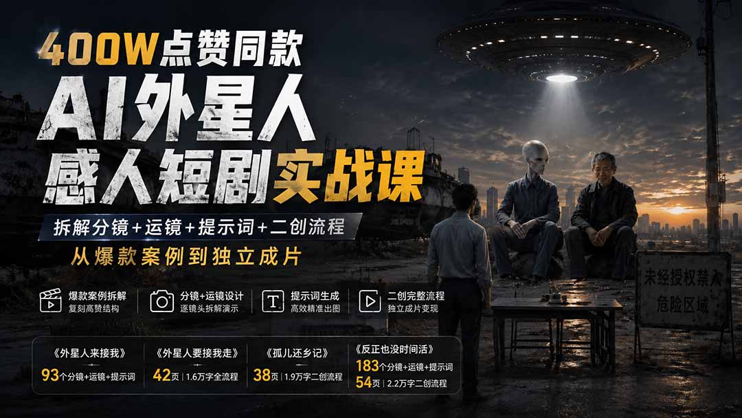 400W点赞同款AI外星人感人短剧实战课：拆解分镜+运镜+提示词+二创流程，从爆款案例到独立成片-皮皮网创