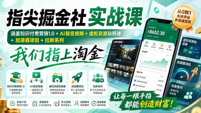 指尖掘金社实战课,涵盖知识付费营销1.0+AI裂变视频+虚拟资源站搭建+加速器项目+拉新系列,我们指上淘金!-皮皮网创