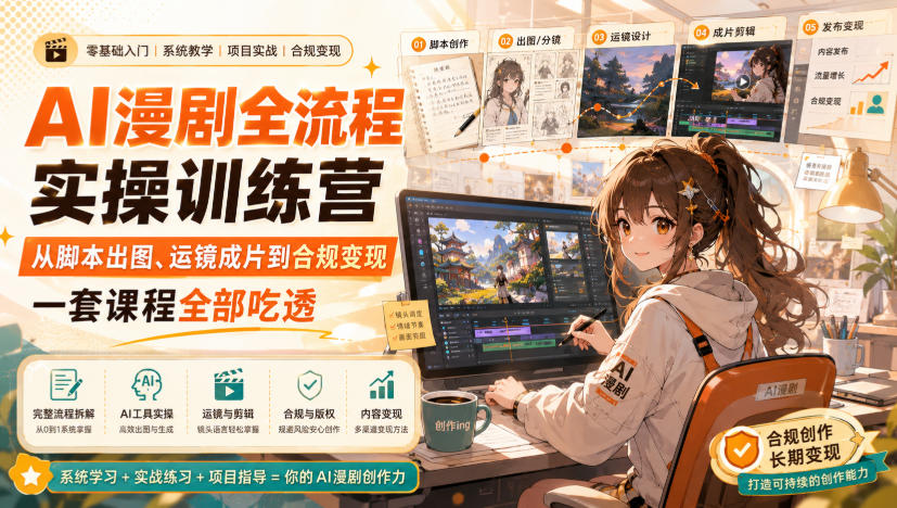 AI漫剧全流程实操训练营,从脚本出图、运镜成片到合规变现,一套课程全部吃透-皮皮网创