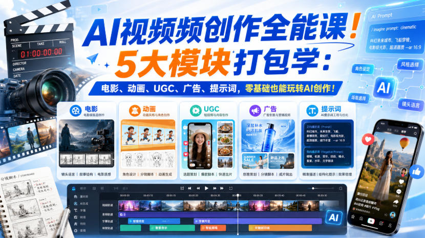 AI视频频创作全能课!5大模块打包学:电影、动画、UGC、广告、提示词,零基础也能玩转AI创作!【原创双语字幕】-皮皮网创
