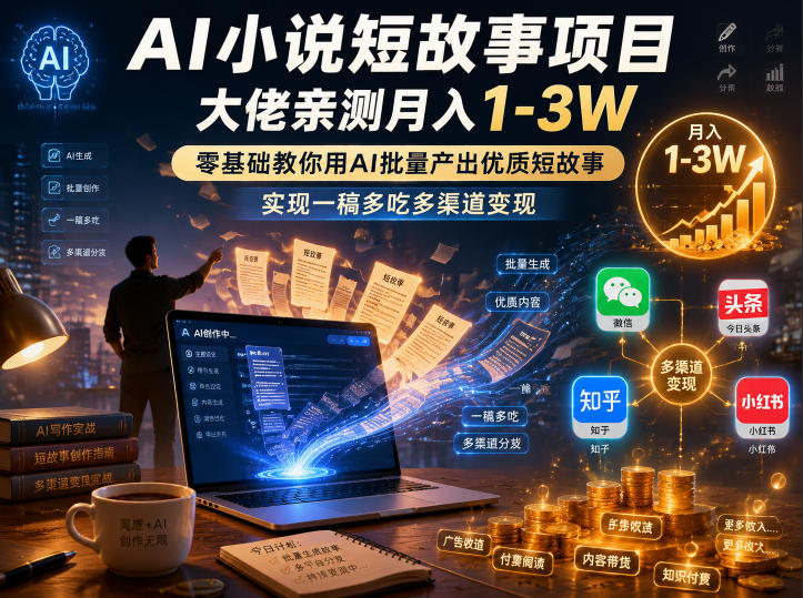 AI小说短故事项目，大佬亲测月入1-3W，零基础教你用AI批量产出优质短故事，实现一稿多吃多渠道变现(更新0824)-皮皮网创