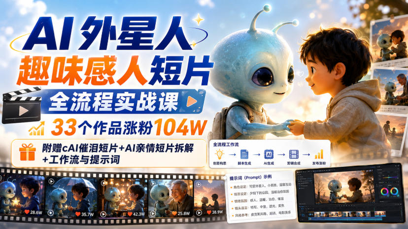 AI外星人趣味感人短片全流程实战课,33个作品涨粉104W,附赠AI催泪短片+AI亲情短片拆解+工作流与提示词-皮皮网创