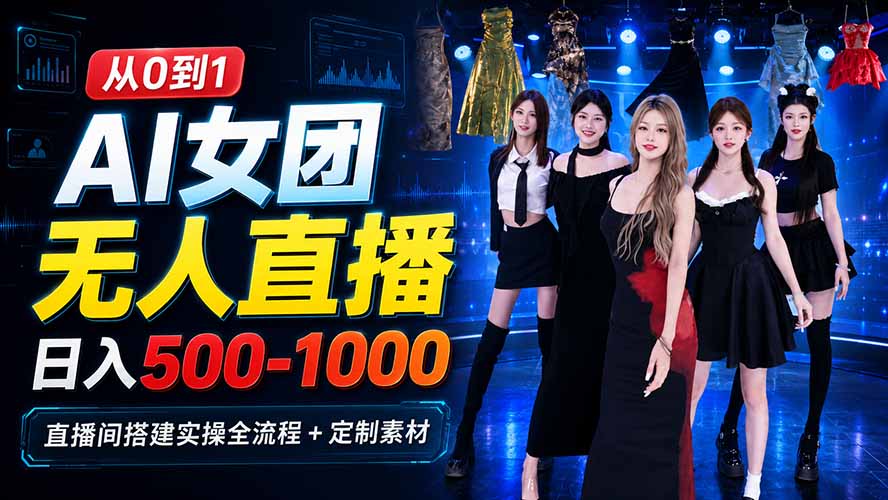 AI 女团无人直播,躺入500-1000每天,直播间搭建实操全流程+定制素材-皮皮网创