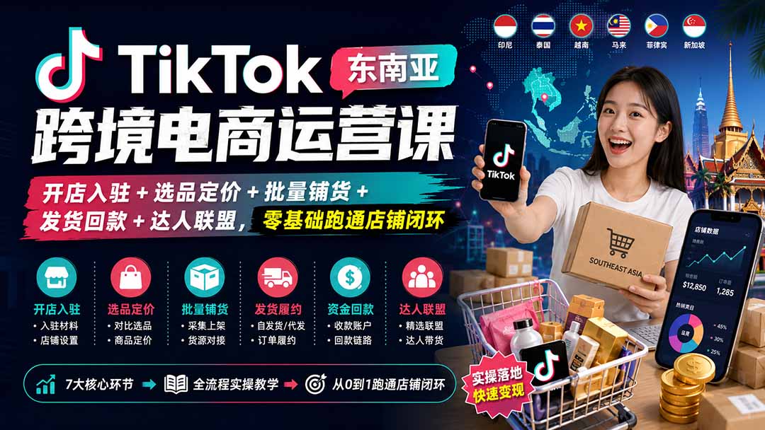 TikTok东南亚跨境电商运营课:开店入驻+选品定价+批量铺货+发货回款+达人联盟,零基础跑通店铺闭环-皮皮网创