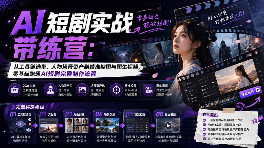 AI短剧实战训练营：从工具链选型、人物场景资产到精准控图与图生视频，零基础跑通AI短剧完整制作流程-皮皮网创