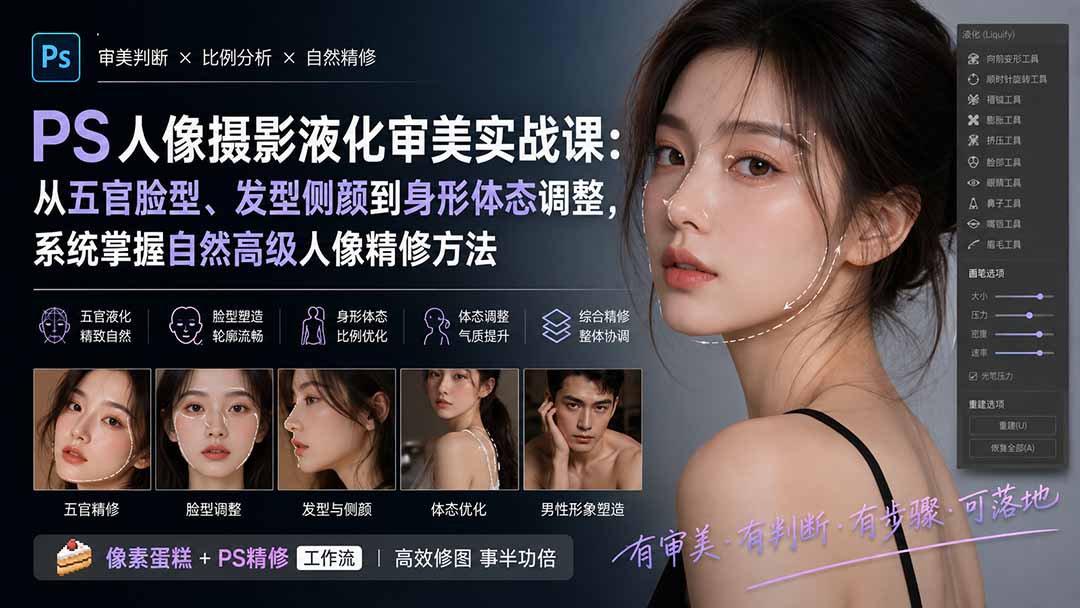 PS人像摄影液化审美实战课：从五官脸型、发型侧颜到身形体态调整，系统掌握自然高级人像精修方法-皮皮网创