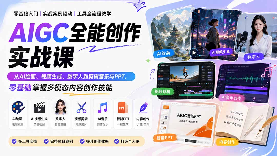 AIGC全能创作实战课:从AI绘画、视频生成、数字人到剪辑音乐与PPT,零基础掌握多模态内容创作技能-皮皮网创