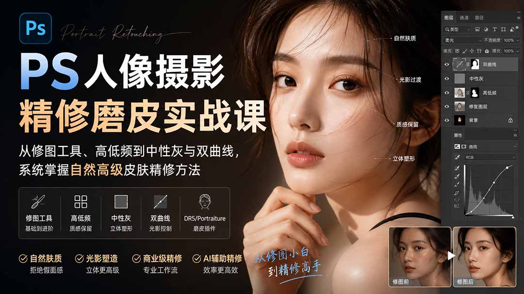 PS人像摄影精修磨皮实战课:从修图工具、高低频到中性灰与双曲线,系统掌握自然高级皮肤精修方法-皮皮网创