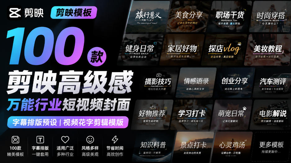 【剪映模板】100款剪映高级感万能行业短视频封面字幕排版预设视频花字剪辑模版-皮皮网创
