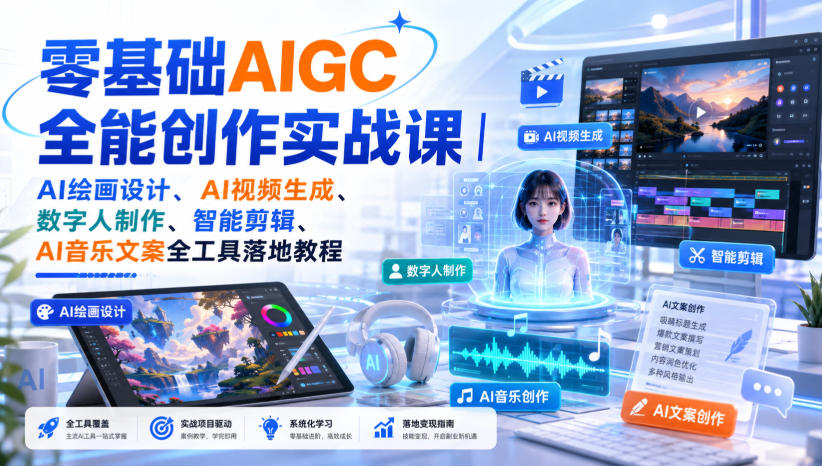 零基础AIGC全能创作实战课|AI绘画设计、AI视频生成、数字人制作、智能剪辑、AI音乐文案全工具落地教程-皮皮网创