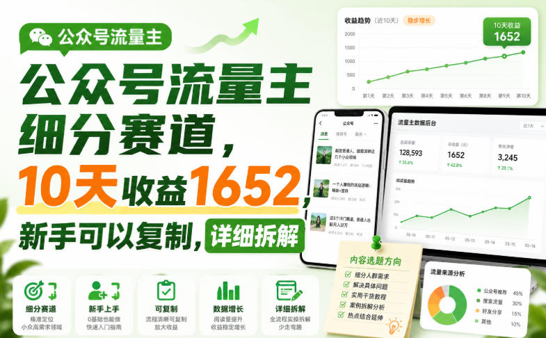 公众号流量主细分赛道，10天收益1652，新手可以复制，详细拆解-皮皮网创