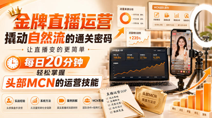 金牌直播运营撬动自然流的通关密码,让直播变的更简单,每日20分钟,轻松掌握头部MCN的运营技能-皮皮网创