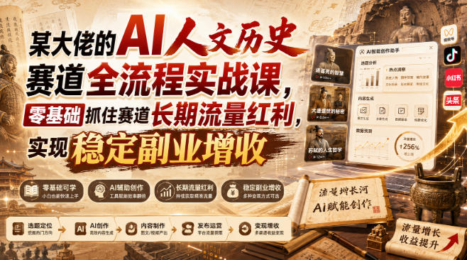 某大佬的AI人文历史赛道全流程实战课，零基础抓住赛道长期流量红利，实现稳定副业增收-皮皮网创