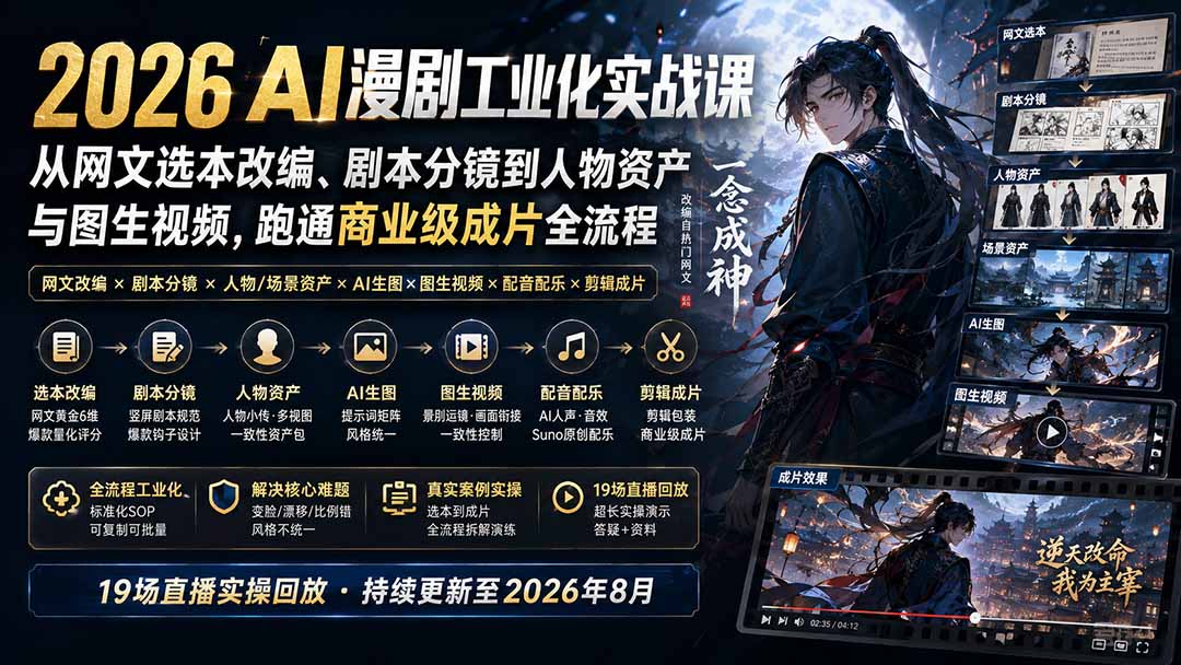 2026 AI漫剧工业化实战课-更新：从网文选本改编、剧本分镜到人物资产与图生视频，跑通商业级成片全流程-皮皮网创