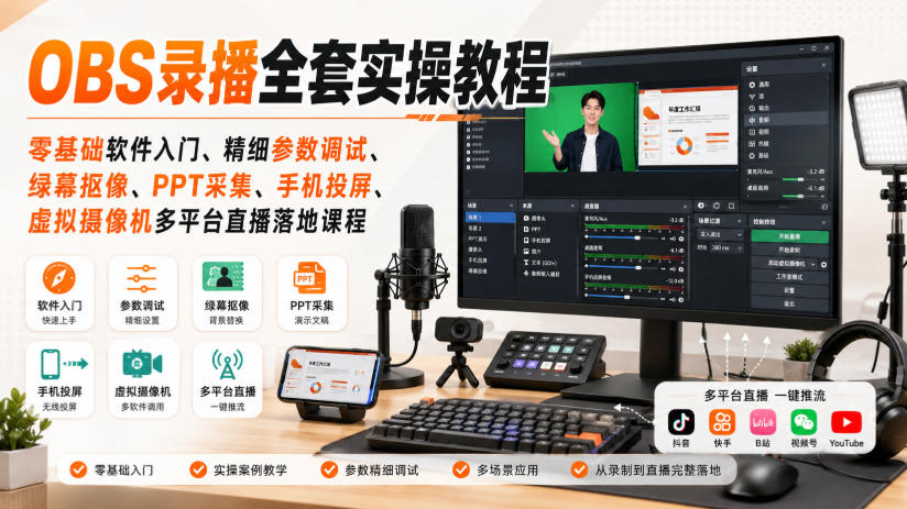 OBS录播全套实操教程|零基础软件入门、精细参数调试、绿幕抠像、手机投屏、虚拟摄像机多平台直播落地课程-皮皮网创
