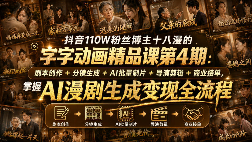 抖音110W粉丝博主十八漫的字字动画精品课第4期：剧本创作+分镜生成+剪辑+商业接单，掌握AI漫剧生成变现全流程-皮皮网创