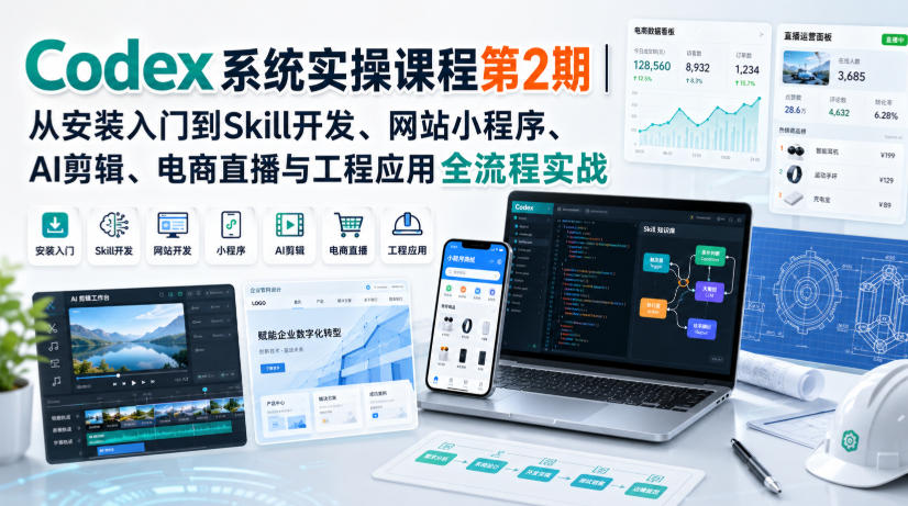 Codex系统实操课程第2期|从安装入门到Skill开发、网站小程序、AI剪辑、电商直播与工程应用全流程实战-皮皮网创
