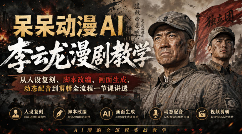 呆呆动漫AI李云龙漫剧教学，从人设复刻、脚本改编、画面生成、动态配音到剪辑全流程一节课讲透-皮皮网创