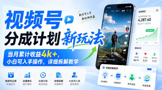 视频号分成计划新玩法,当月累计收益4k+,小白可入手操作,详细拆解教学-皮皮网创