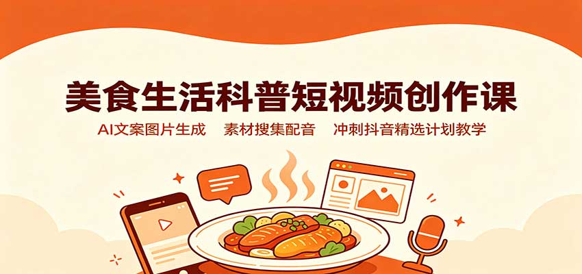 美食生活科普短视频创作课：AI文案图片生成，素材搜集配音，冲刺抖音精选计划教学-皮皮网创