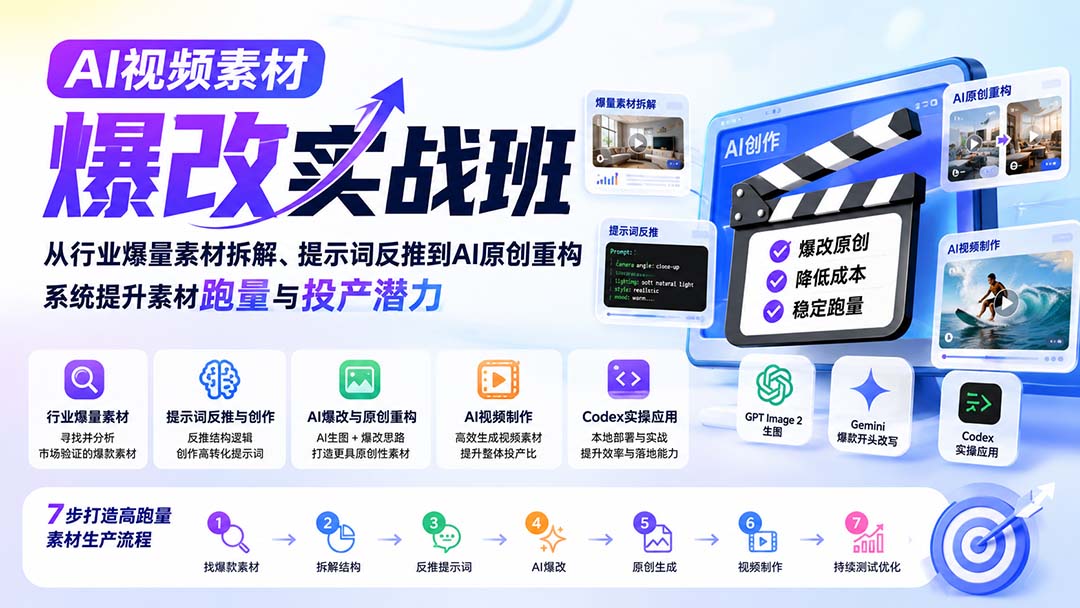 AI视频素材爆改实战班-更新8月:从行业爆量素材拆解、提示词反推到AI原创重构,系统提升素材跑量与投产潜力-皮皮网创