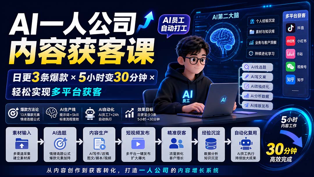 AI一人公司内容获客课-更新8月:日更3条爆款×5小时变30分钟×AI员工自动打工,轻松实现多平台获客-皮皮网创