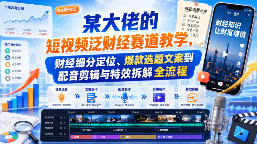 某大佬的短视频泛财经赛道教学，财经细分定位、爆款选题文案到配音剪辑与特效拆解全流程-皮皮网创