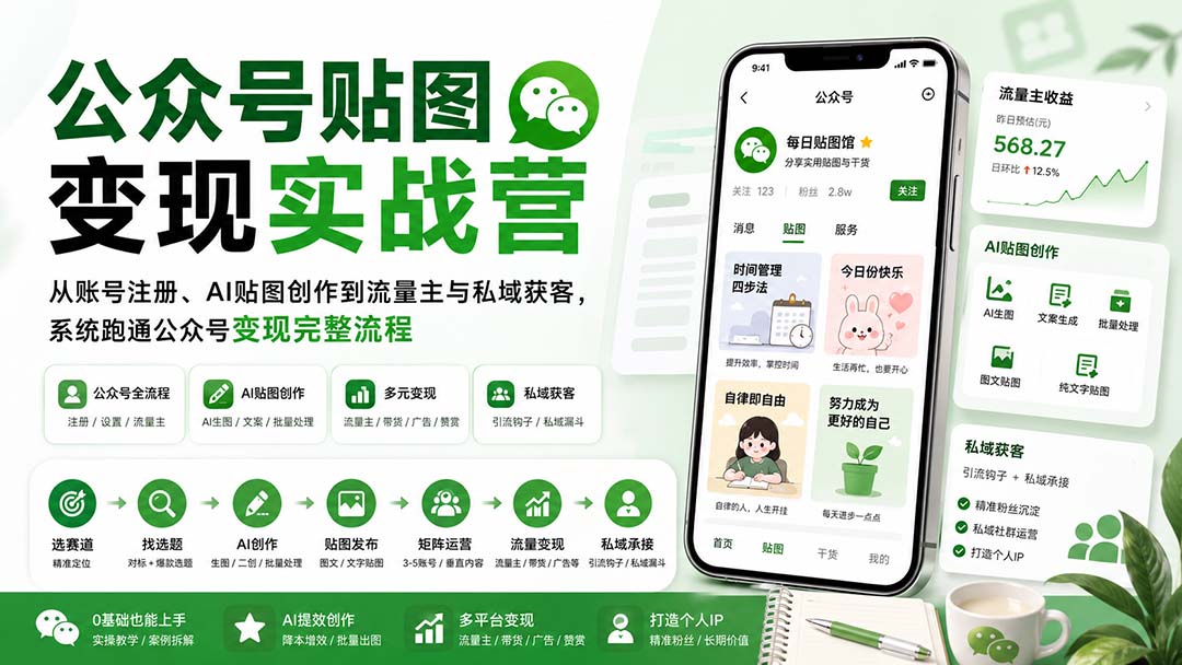 公众号贴图变现实战营:从账号注册、AI贴图创作到流量主与私域获客,系统跑通公众号变现完整流程-皮皮网创