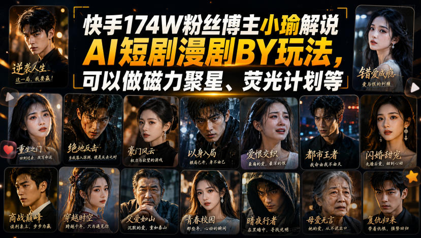 快手174W粉丝博主小瑜解说AI短剧漫剧搬运玩法，可以做磁力聚星、荧光计划等-皮皮网创