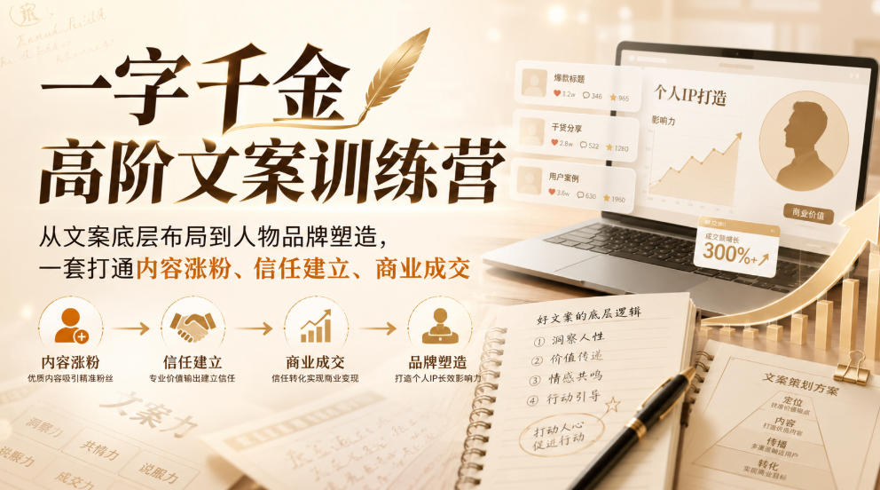 一字千金高阶文案训练营,从文案底层布局到人物品牌塑造,一套打通内容涨粉、信任建立、商业成交-皮皮网创
