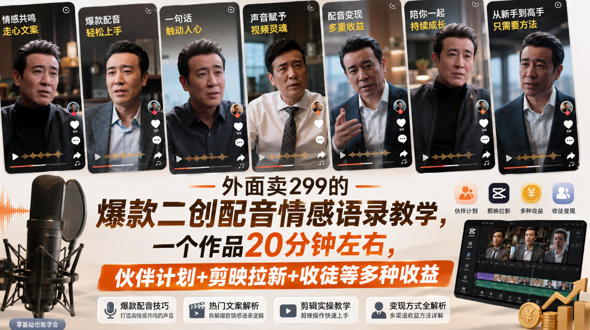 外面卖299的爆款二创配音情感语录教学,一个作品20分钟左右,伙伴计划+剪映拉新+收徒等多种收益-皮皮网创