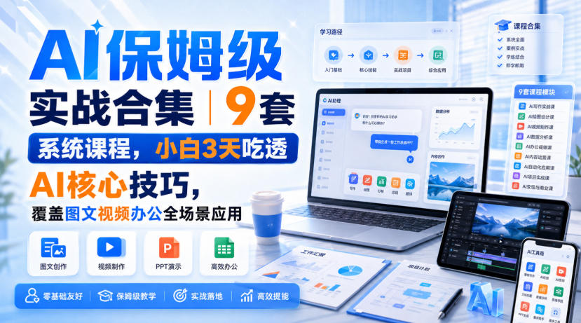 AI保姆级实战合集|9套系统课程,小白3天吃透AI核心技巧,覆盖图文视频办公全场景应用-皮皮网创