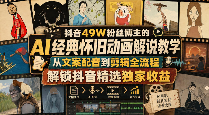 抖音49W粉丝博主的AI经典怀旧动画解说教学,从文案配音到剪辑全流程,解锁抖音精选独家收益-皮皮网创