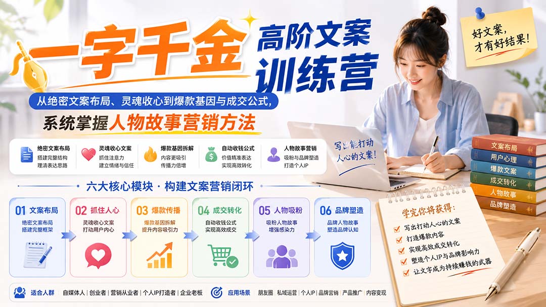 一字千金高阶文案训练营:从绝密文案布局、灵魂收心到爆款基因与成交公式,系统掌握人物故事营销方法-皮皮网创
