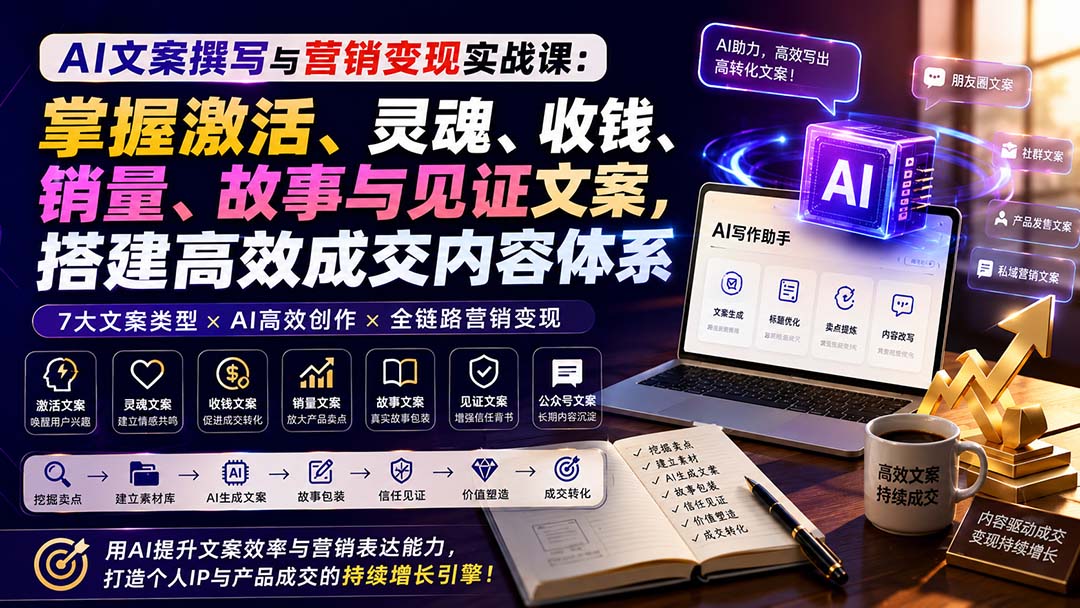 AI文案撰写与营销变现实战课:掌握激活、灵魂、收钱、销量、故事与见证文案,搭建高效成交内容体系-皮皮网创